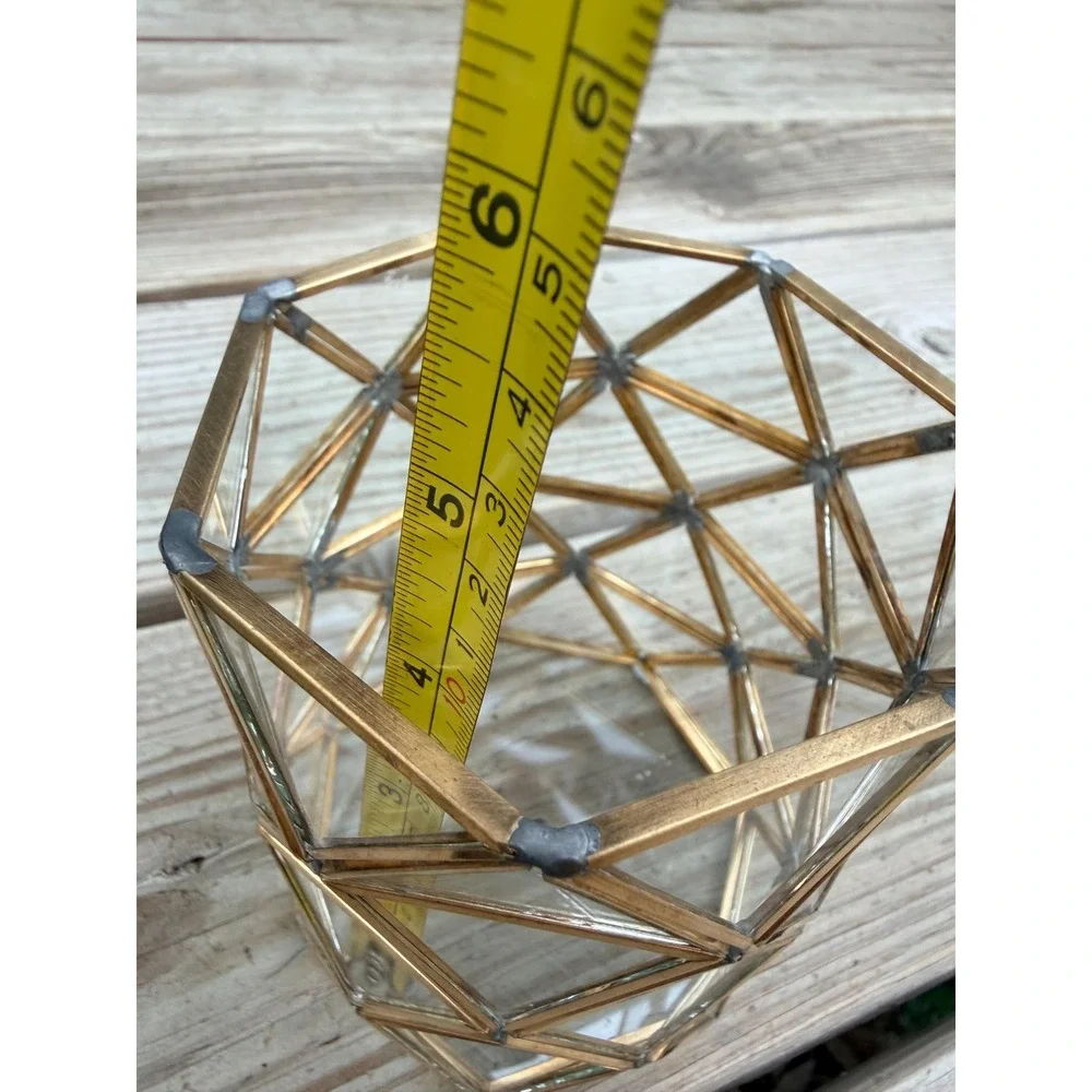Brass Geometric Votive Holder, Faceted Glass Lantern, Modern Boho Decor